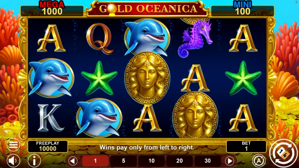 Giao diện trò chơi Gold Oceanica với hình ảnh nữ thần biển cả và các sinh vật đại dương