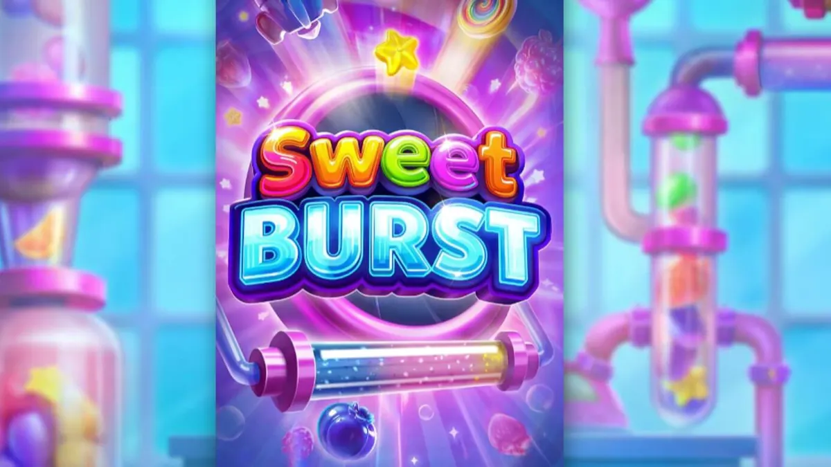 Giao diện trò chơi slot Sweet Burst với phong cách phòng thí nghiệm kẹo hiện đại