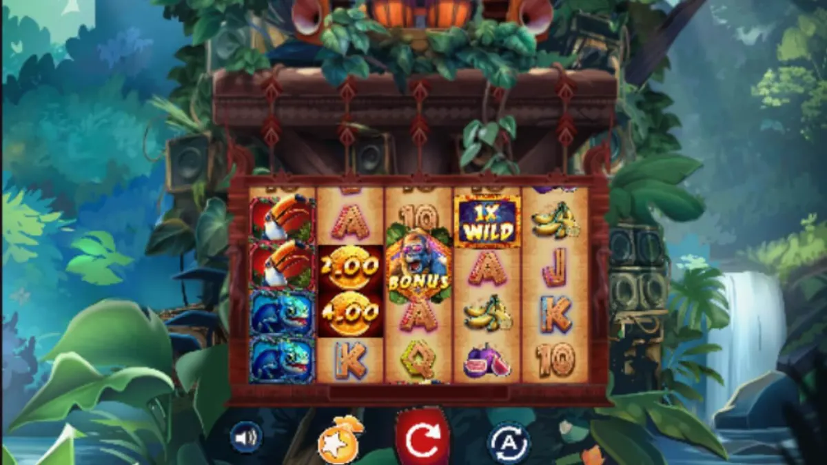 Giao diện trò chơi slot Kongo Bongo với các biểu tượng rừng rậm rực rỡ