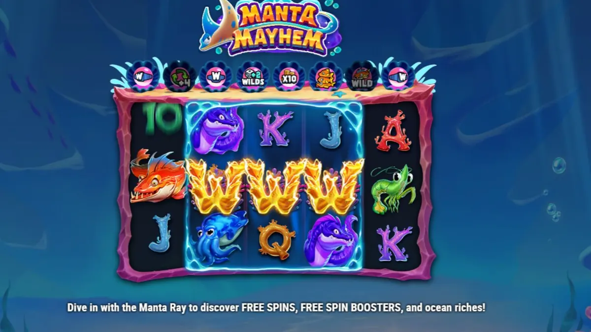 Giao diện trò chơi slot Manta Mayhem với chú cá đuối xanh và rạn san hô