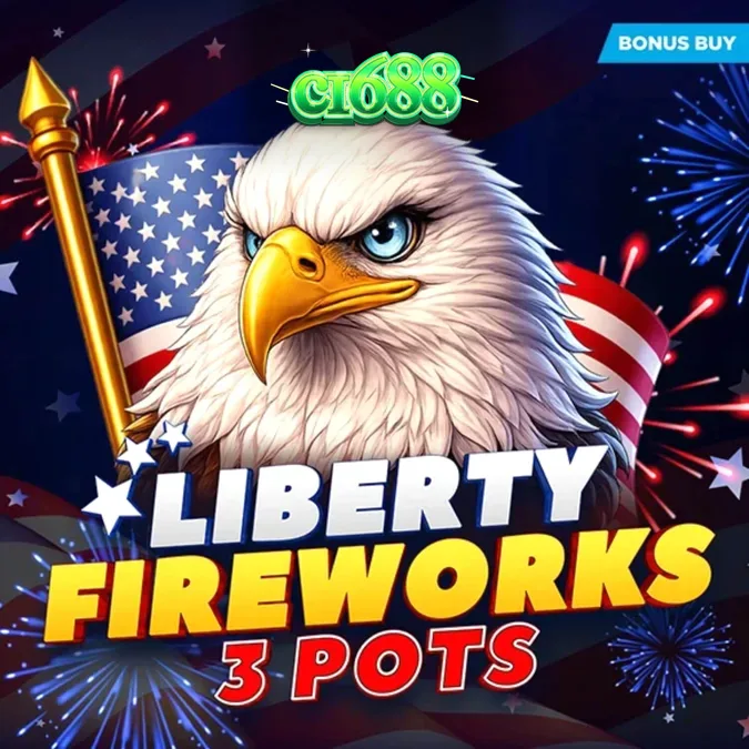 Giao diện trò chơi slot Liberty Fireworks 3 Pots với các biểu tượng pháo hoa rực rỡ