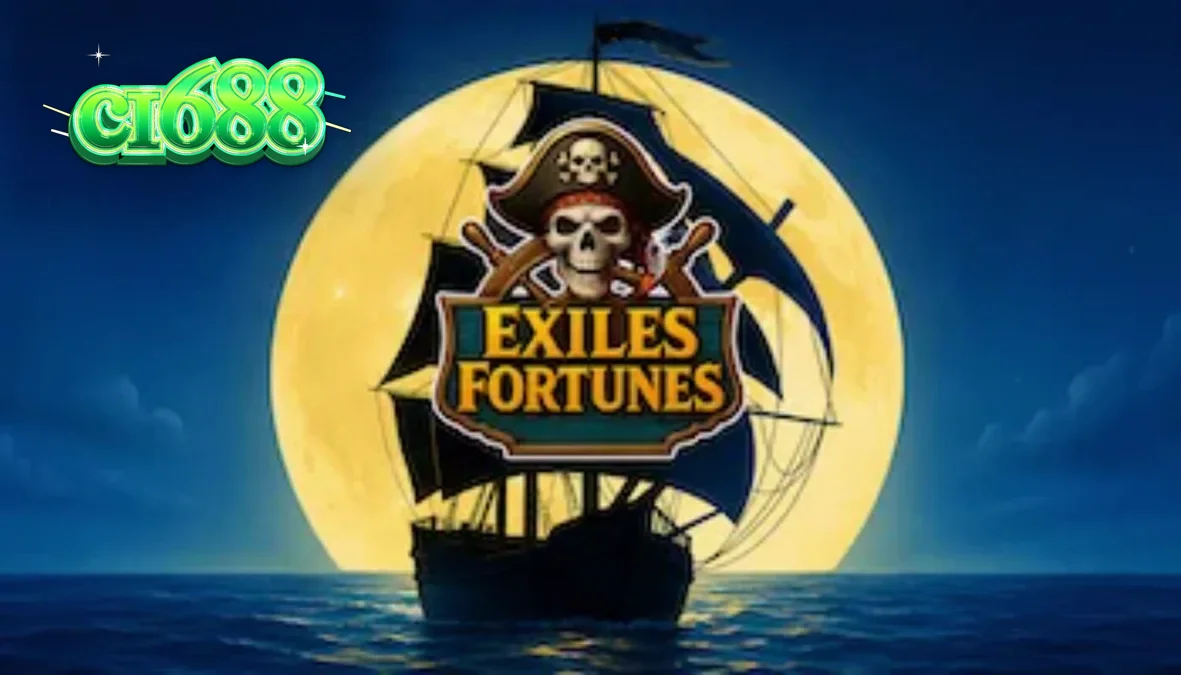 Giao diện trò chơi slot Exiles Fortunes với các biểu tượng cướp biển và rương kho báu